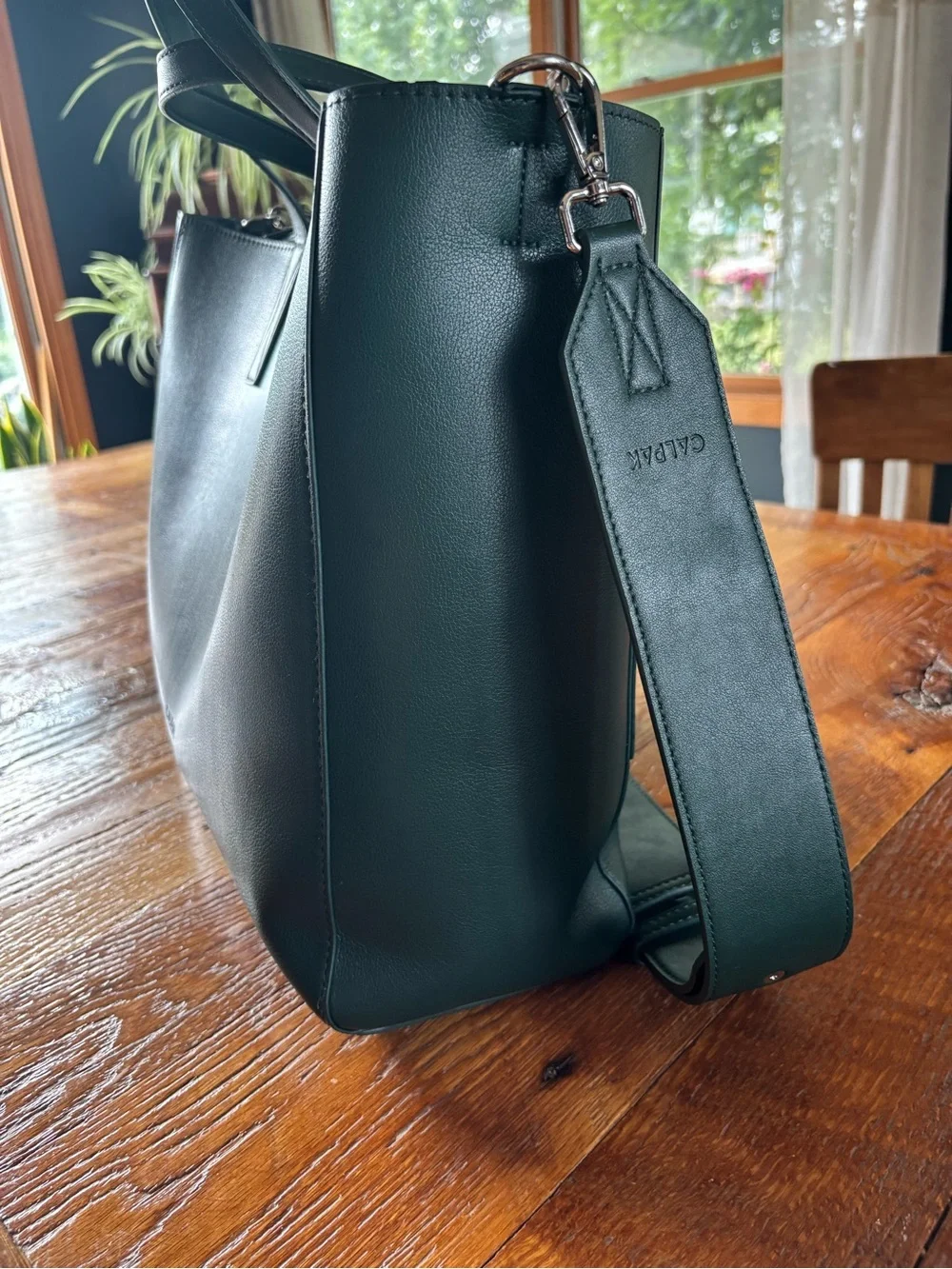 Calpak Dark Green Leather Brief Tote